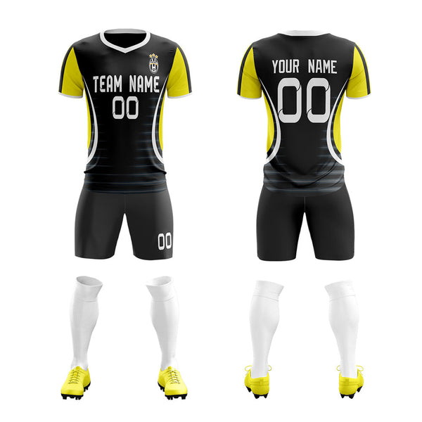 Custom Black Yellow V-Neck Soft Training Uniform Soccer Sets Jersey