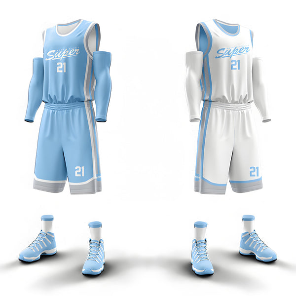 Custom Sky-Blue White-Gray Double Side Sets Sportswear Basketball Jersey