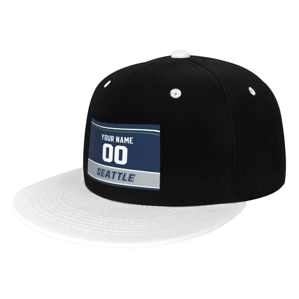 Gorra de hip-hop de visera plana contrastante KOPKOC Seattle. Nombre y número personalizados para regalos de adultos.