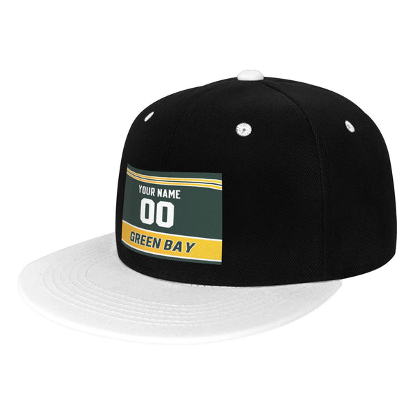 Gorra de hip-hop de visera plana con contraste KOPKOC Green Bay. Nombre y número personalizados para regalos de adultos.