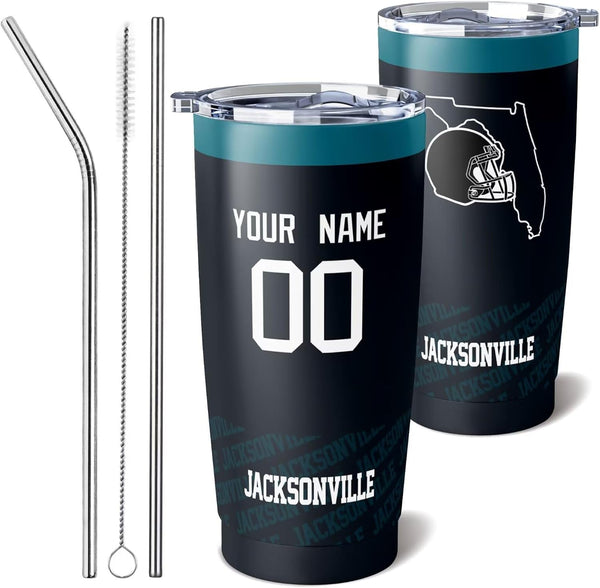 Taza de café KOPKOC Jacksonville, vaso de viaje con nombre y número personalizados para hombres, mujeres y jóvenes.