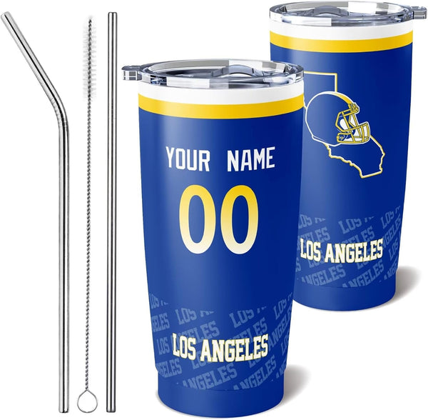 Taza de café KOPKOC Los Ángeles R, vaso de viaje con nombre y número personalizado para hombres, mujeres y jóvenes.
