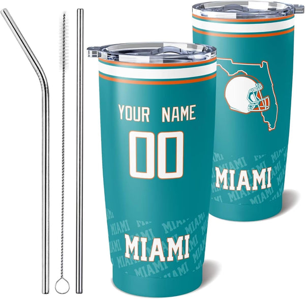 Taza de café KOPKOC Miami, vaso de viaje con nombre y número personalizados para hombres, mujeres y jóvenes.