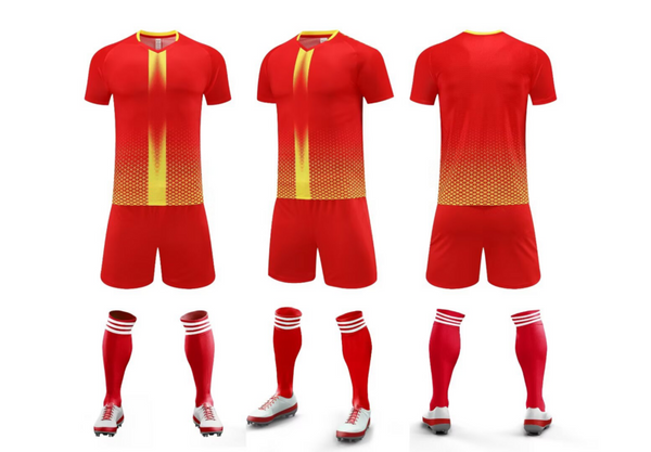 Custom Red Yellow Curve Lines Sublimation Soccer Uniform Jersey