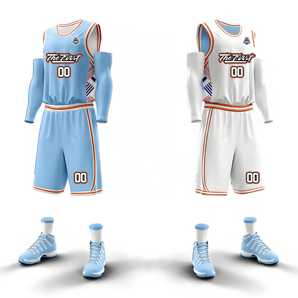 Custom Blue White-Orange Sapphire blue Double Side Sets Sportswear Basketball Jersey
