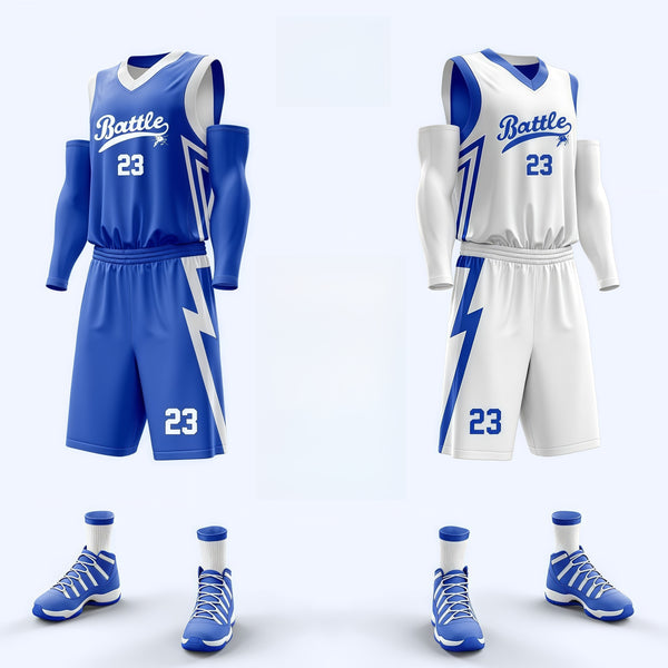 Custom Blue White Lightning Sapphire blue Double Side Sets Sportswear Basketball Jersey
