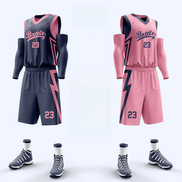 Custom Sapphire blue Pink Lightning Sapphire blue Double Side Sets Sportswear Basketball Jersey